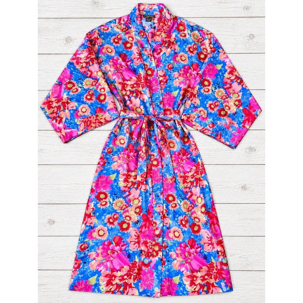 Solange Satin Floral Robe Kimono Belted Bright Colorful Sleepwear PlusSize 22/28